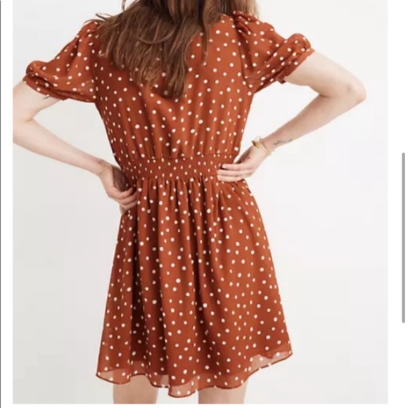 NWT Madewell Smocked Waist Mini Dress Inkspot Dots Brown Polka Dot Pinup Small - Picture 3 of 16